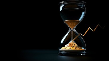 An hourglass with falling coins and a descending interest rate line, embodying the time and money metaphor, reflecting the relationship between time, money, and economic decline, with space for