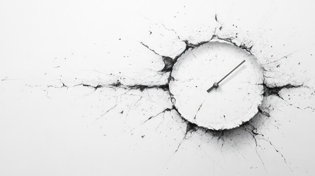 Shattered clock face, time's destruction.