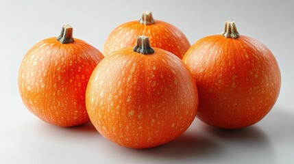 Four vibrant orange pumpkins arranged closely on a light background.