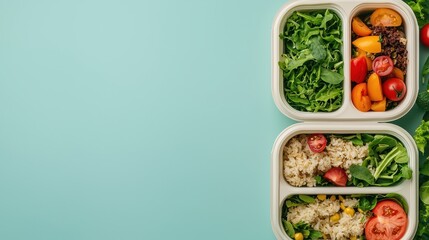Fresh meal prep boxes with colorful vegetables and grains on a light blue background, promoting healthy eating and organization.