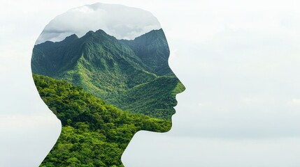 A silhouette of a human head filled with lush green mountains, symbolizing the connection between nature and the mind.