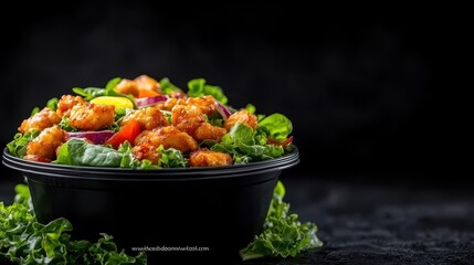A vibrant salad bowl filled with fresh vegetables and a colorful assortment of ingredients, set against a dark background.