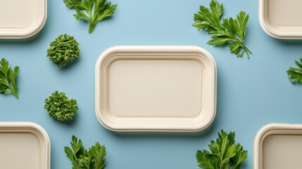 A flat lay of eco-friendly containers surrounded by fresh parsley, set against a soft blue background, highlighting sustainability and healthy eating.
