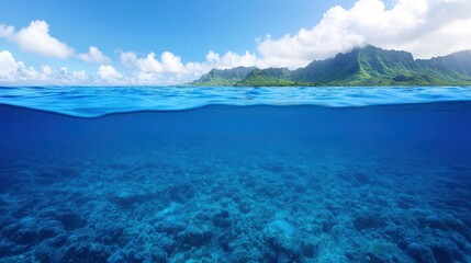 A serene ocean view with clear blue waters, coral reefs beneath, and lush green mountains in the background.