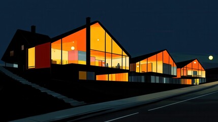 Obraz premium Modern houses illuminated at night with vibrant colors against a dark sky and moonlit background