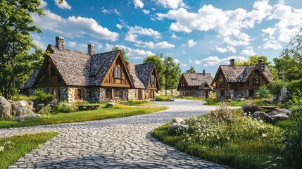 Obraz premium A sunny fantasy medieval village with charming wooden houses, cobblestone paths, and lush greenery, perfect for illustrating peaceful rural life or fairytale themes