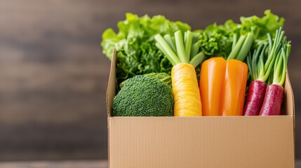 A cardboard box filled with fresh, vibrant vegetables including lettuce, broccoli, carrots, and radishes against a rustic wooden background.