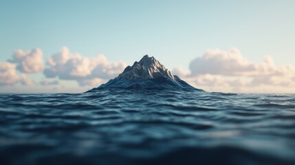 A distant mountain rises from calm waters under a serene sky, creating a peaceful and picturesque seascape.