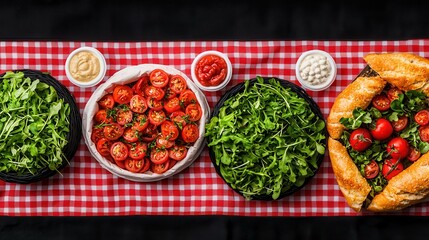 A vibrant spread of fresh greens, cherry tomatoes, and dips, beautifully arranged on a checkered tablecloth.