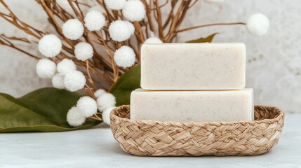 A serene arrangement featuring two white soaps in a woven basket, complemented by decorative natural elements for a calming aesthetic.
