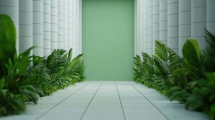 A serene corridor lined with lush greenery, leading to a soft green wall, creating a calm and inviting atmosphere.