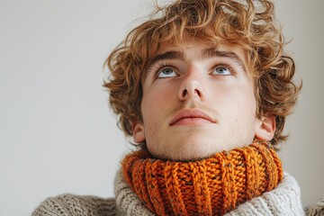 A young man gazes upward, wearing a cozy knit sweater and an orange scarf, suggesting contemplation.