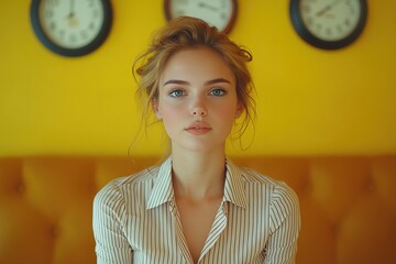 A young woman poses in front of yellow walls and clocks, exuding a calm and thoughtful demeanor.