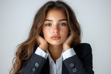 A young woman in a suit poses thoughtfully, showcasing elegance and confidence.