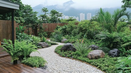 Obraz premium Discover serenity in Hong Kongâ€™s Garden of Stones, featuring artistic rock arrangements set against a backdrop of rich greenery and scenic paths.