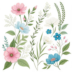Pink, blue, and white flowers and green leaves and grasses isolated on a white background. Set of vector floral design elements