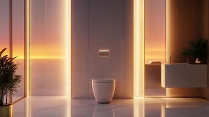 Modern bathroom interior with elegant lighting and minimalistic design.