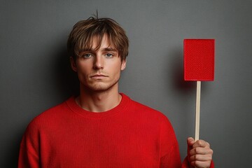 A young man in a red sweater holds a red card against a gray background, conveying a serious mood.
