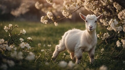 Fototapeta premium A playful goat stands among blooming flowers in a sunlit meadow.