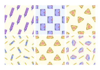 Seamless pattern collection with school supplies and stationery on pastel background