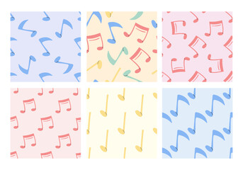 Seamless pattern collection with colorful musical notes on pastel background