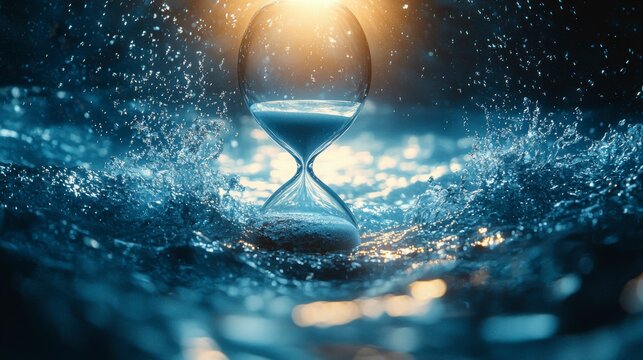 The contrast of clean ocean water above and dirty polluted water below in an hourglass, symbolizing the urgent need for action to save our oceans.