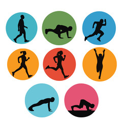 Black vector silhouette sport icons set for fitness, yoga, gym, skating, dance, athlete, people, pictogram, symbol, sign, woman, business, competition, health, body, stick, illustration, button
