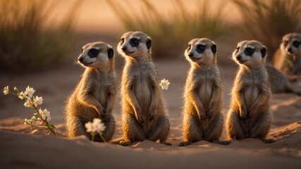 Fototapeta premium A group of meerkats standing upright in a sandy environment with flowers.