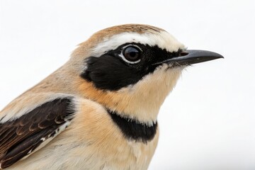 Naklejka premium Close-up portrait of a black eared wheatear's eyes with sharp facial features and distinctive black stripe across the forehead, bird identification, ornithology, close up
