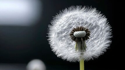 A stunning close-up view of a single dandelion seed, capturing its fine, intricate filaments and fragile structure in exquisite detail.