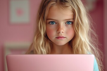A young girl with long hair focused on a pink laptop in a softly lit room.