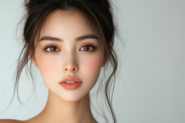 A close-up portrait of a young woman with soft features and natural makeup.
