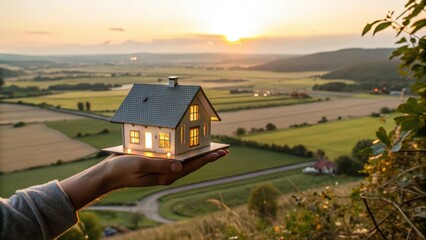 A miniature house held in a hand, symbolizing dreams of homeownership against a picturesque sunset landscape