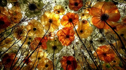 A surreal, otherworldly landscape with giant flowers, towering trees with transparent leaves, and a vibrant sky full of floating, glowing orbs.