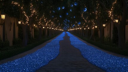 A magical forest with trees growing upside down, glowing rivers of light, and a sky filled with cascading stars and floating moons.