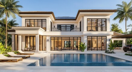 Elegant Modern Villa with Luxurious Pool and Tropical Garden Surrounded by Lush Palm Trees and Breathtaking Landscape in Bright Sunshine