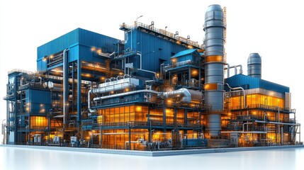 Industrial facility with complex structures and illuminated windows, showcasing manufacturing processes.