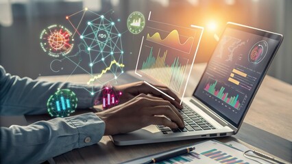 Analyzing Data Trends A Person Uses a Laptop to Review Financial Charts and Network Graphs