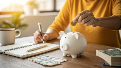 A person meticulously saving money, writing in a notebook, and placing a coin in a piggy bank