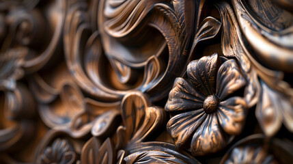 Close-up of intricate wooden carving with floral designs