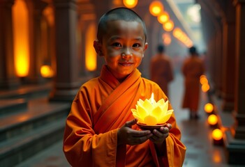 Obraz premium Monk with Lotus Candle Orange Robes Warm Temple Background Soft Golden Light Peaceful Spiritual Atmosphere Photography 12 Year Old 