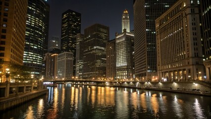 City lights reflected in the calm surface of the Chicago River at night, metropolitan views, urban landscape, illuminated buildings, nighttime scene, urban night scene