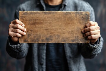 A person holding a blank wooden sign, ready for customization or messaging.