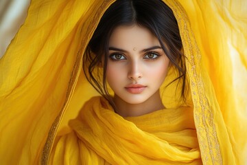 A portrait of a young woman in a vibrant yellow outfit and scarf, showcasing cultural beauty.