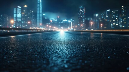 Night Cityscape: Rain-slicked Road Reflecting Urban Lights