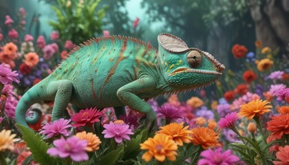 Obraz premium Chameleon changing color among colorful flowers , floral, bloom