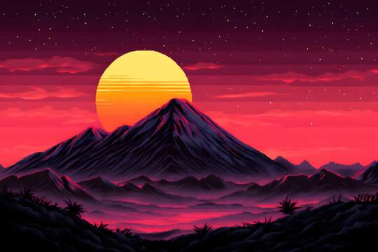 Pixel Sunset Mountain Illustration