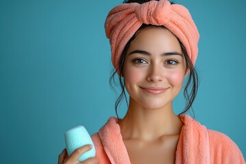 A young woman in a bathrobe and towel holds a skincare product, smiling against a blue background.