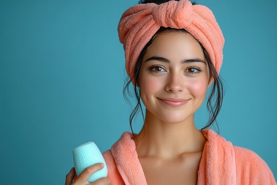 A young woman in a bathrobe and towel holds a skincare product, smiling against a blue background.