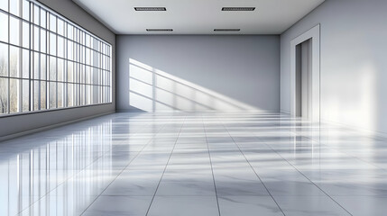 Empty modern interior with marble floor, large window, and elevator entrance.